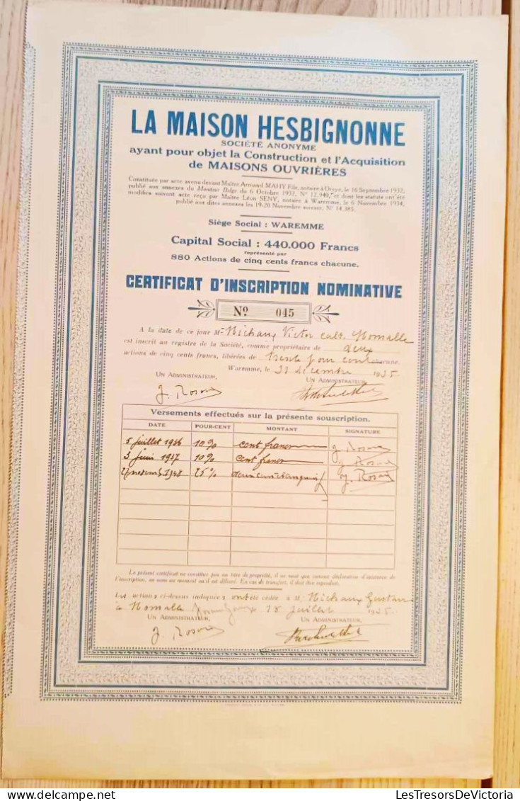 La Maison Hesbionne - Certificat D'inscription Nominative - Michaux Victor - 1935 - Autres & Non Classés