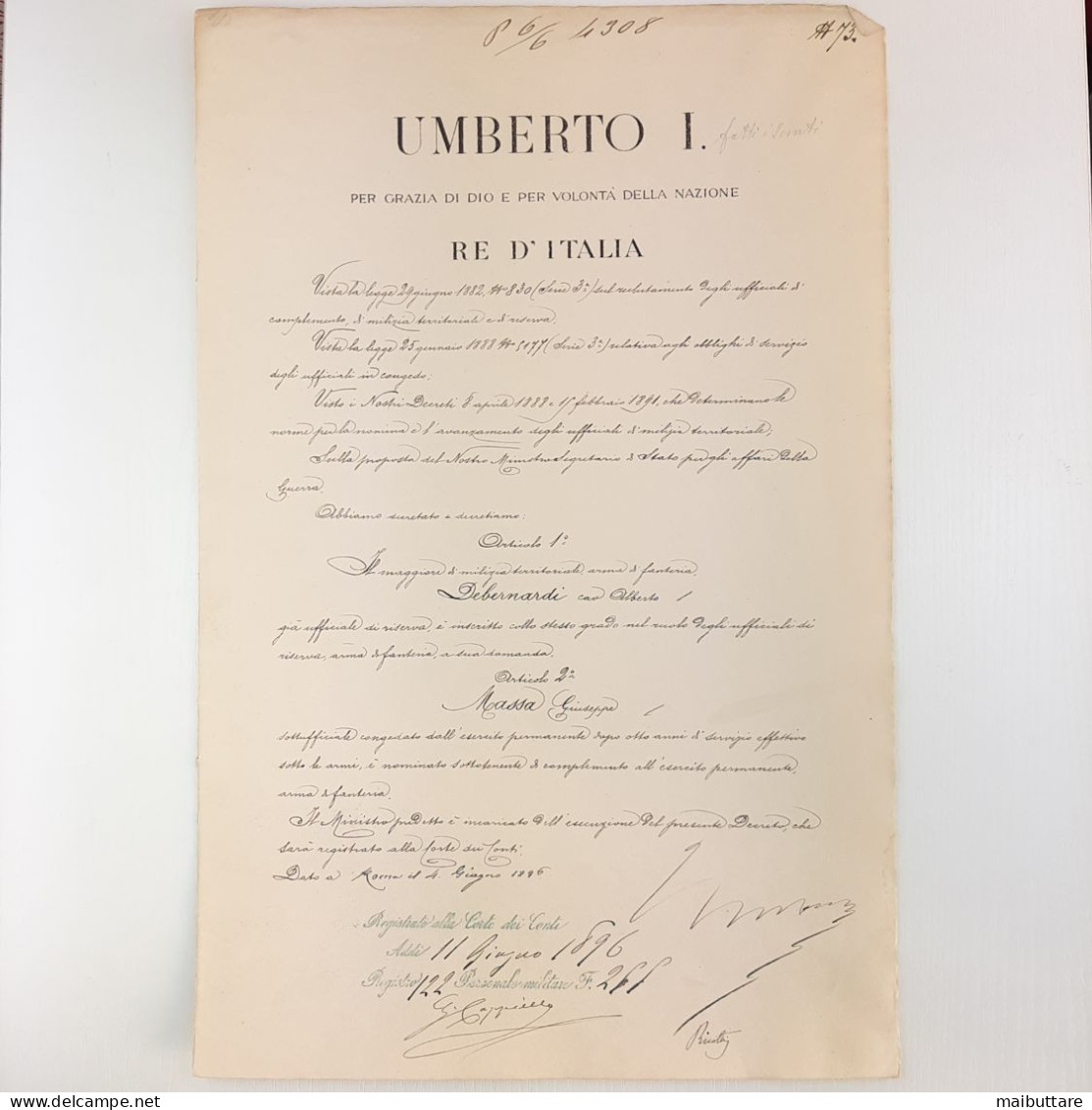 Decreto Firmato Dal Re Umberto I - Re D'Italia e Autografato Dal Ministro Della Guerra Francesco Ricotti Magnani - Decreti & Leggi