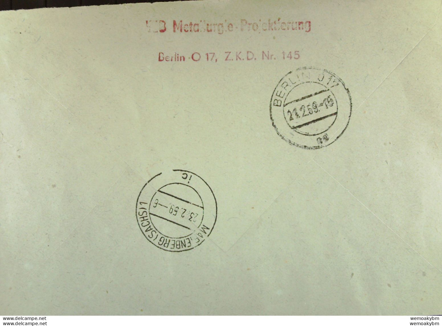 DDR: Fern-Brf Mit 20 Pf ZKD-Streifen Oran/dkl-braun Kennbuchst. L-2470160 V 21.2.59 Abs; VEB Metallurgie-Projekt. Berlin - Centrale Postdienst