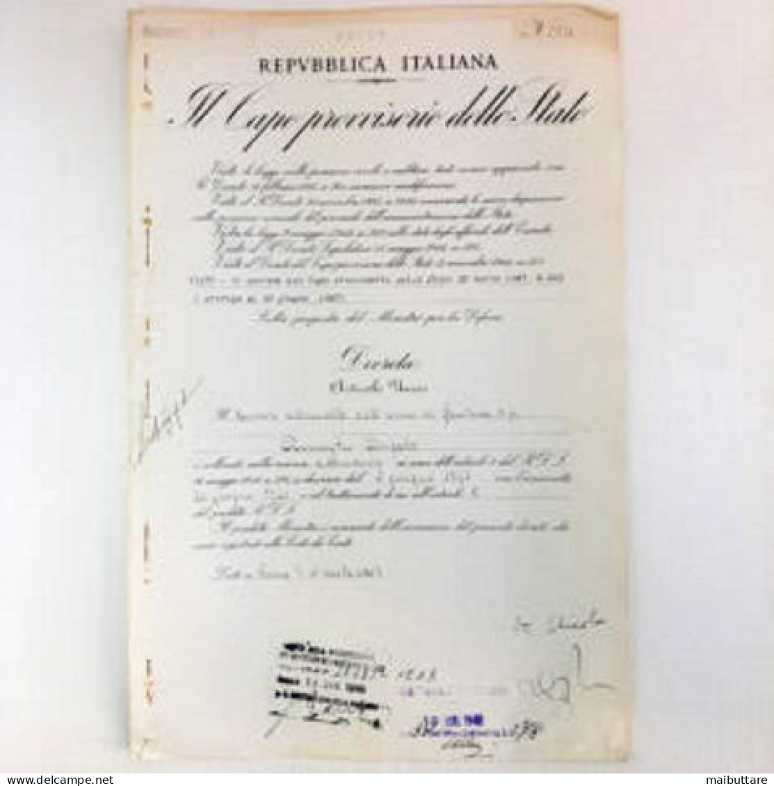 (S1) Decreto Numero 1572 Repubblica Italiana Il Capo Provvisorio Dello Stato Autografato Dal Presidente De Nicola Enrico - Décrets & Lois