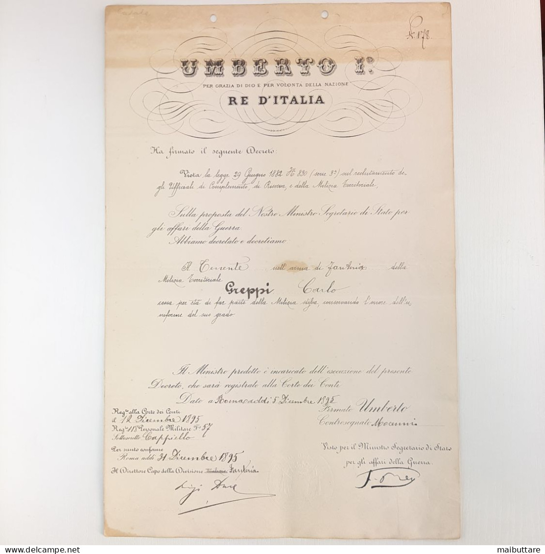 Decreto Del Re Umberto I - Re D'Italia E Autografato Dal Ministro Della Guerra. - Décrets & Lois