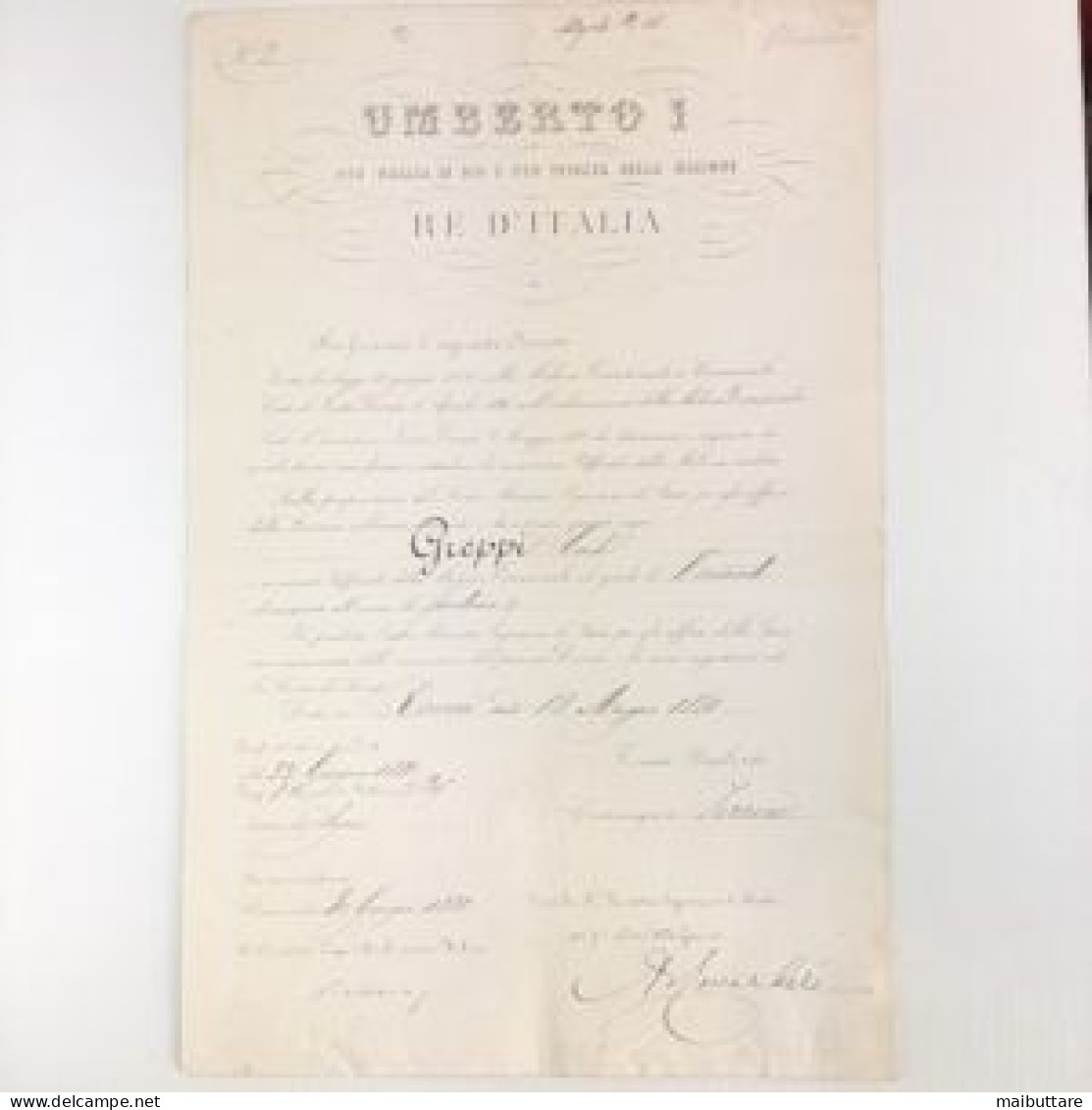 Decreto Del Re Umberto I - Re D'Italia E Autografato Dal Ministro Della Guerra. - Décrets & Lois