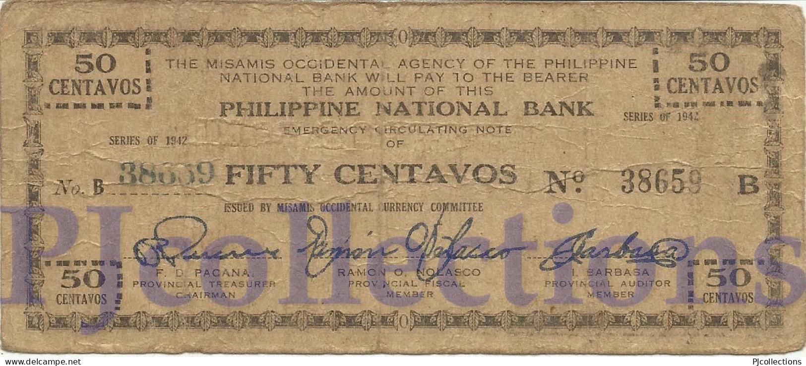 PHILIPPINES 50 CENTAVOS 1942 PICK S575a FINE EMERGENCY BANKNOTE - Philippines