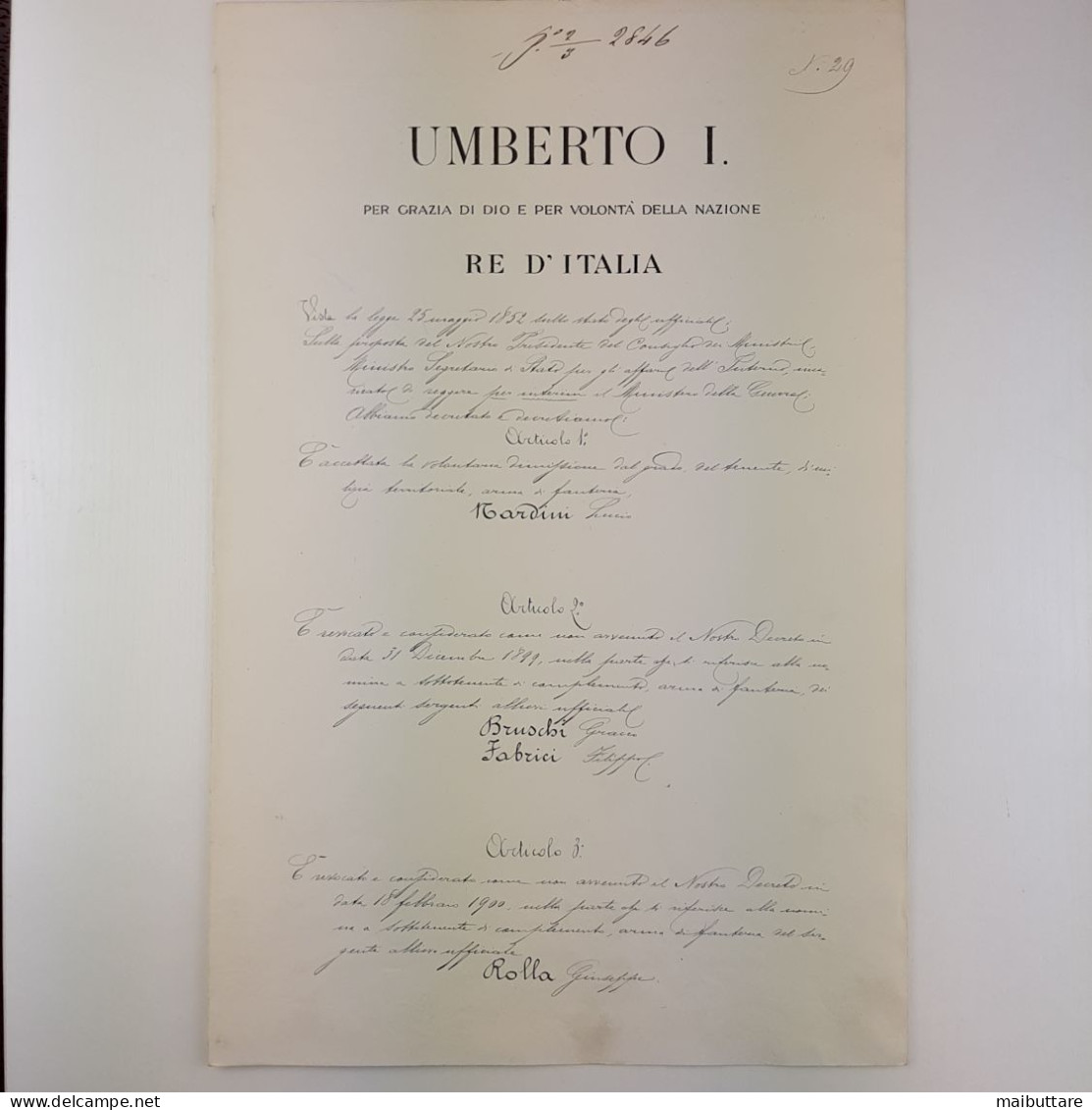 Decreto Firmato Dal Re Umberto I - Re D'Italia e Autografato Dal Ministro Della Guerra Francesco Ricotti Magnani - Decreti & Leggi