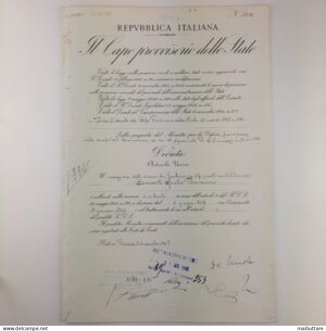 Decreto Firmato  Dal Presidente Della Repubblica Italiana Enrico De Nicola Primo Presidente Della Repubblica Italiana. - Decreti & Leggi