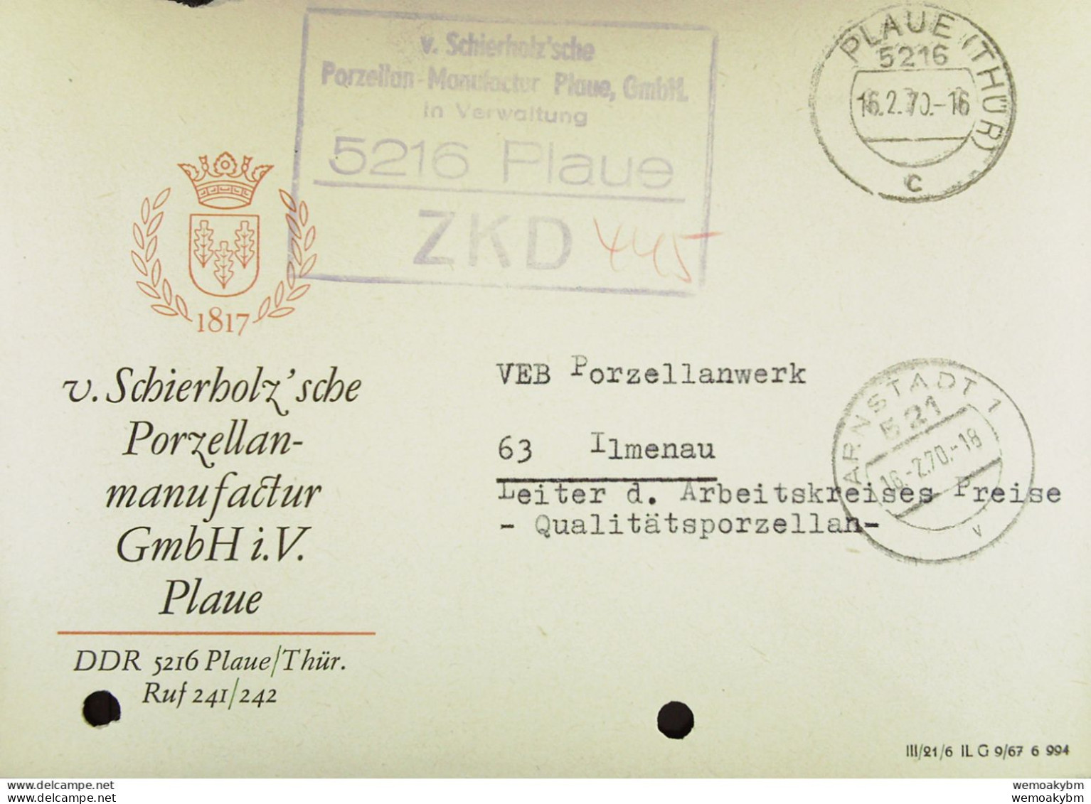 DDR: Fern-Brief Mit ZKD-Kastenst. "v. Schierholzsche Porzellan-Manufaktur Plaue, GmbH. 5216 PLAUE" 16.2.70 Nach Ilmenau - Central Mail Service