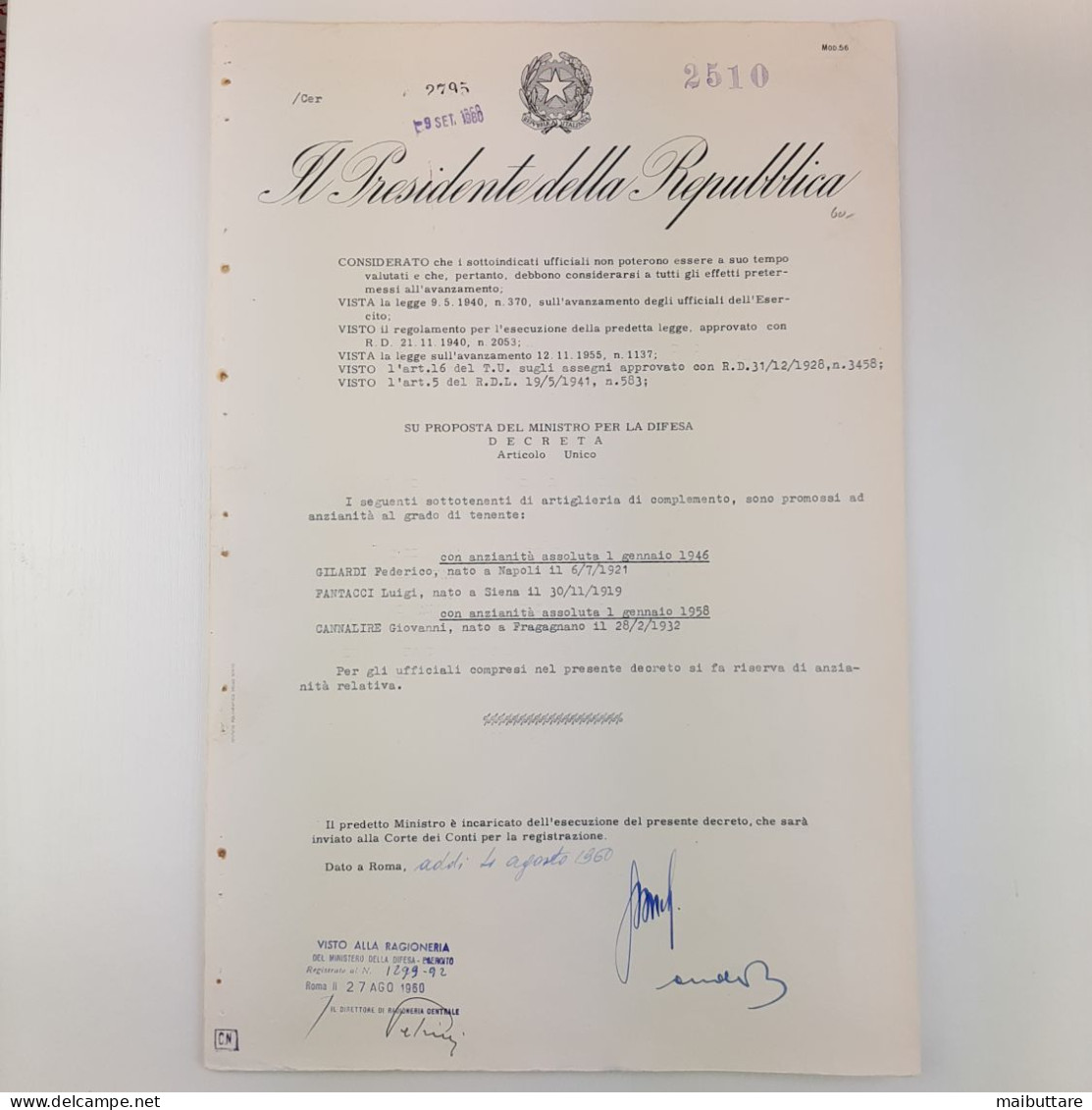 Decreto Firmato  Dal Presidente Della Repubblica Italiana Giovanni Gronchi - Decrees & Laws