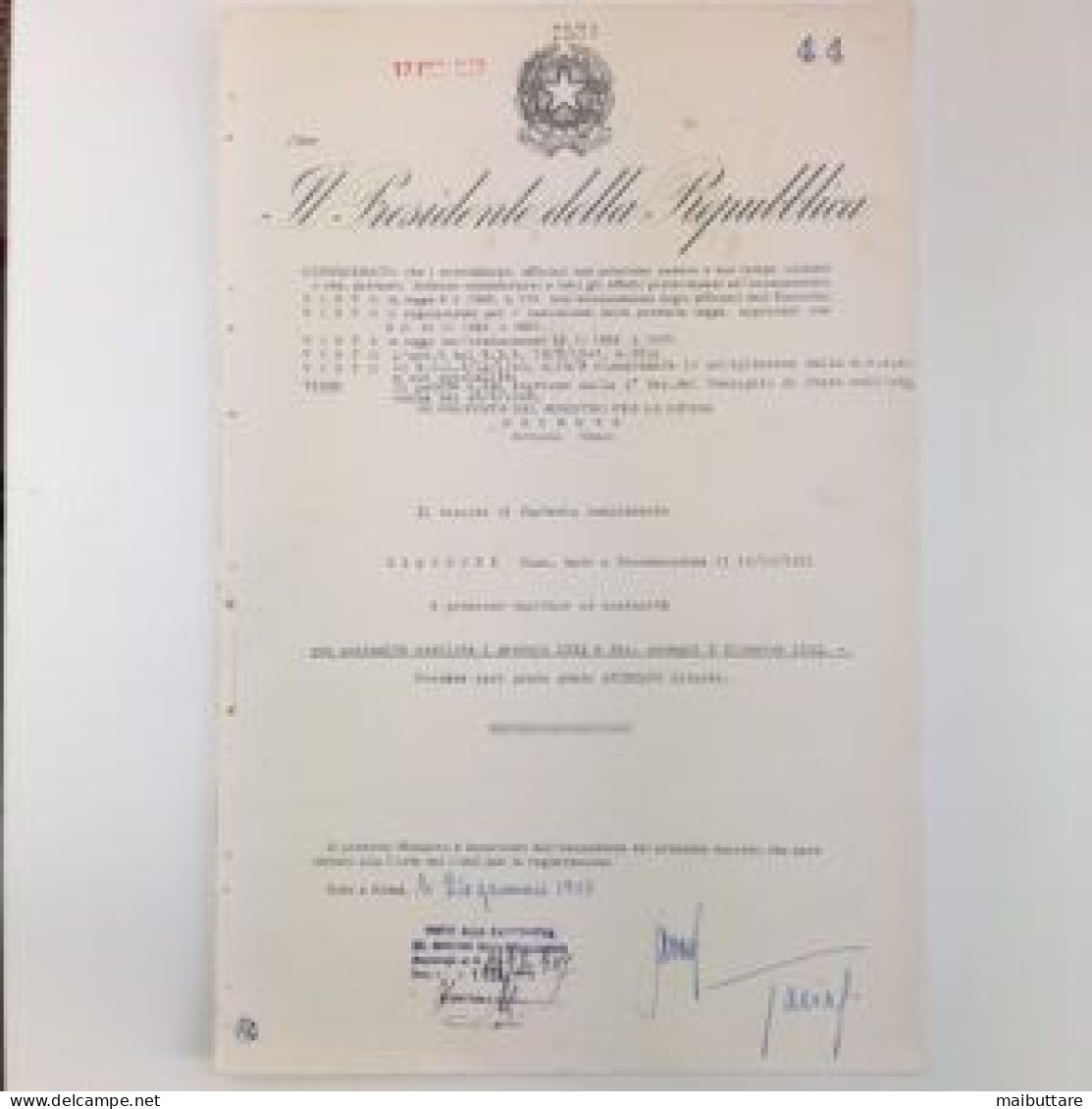 Decreto Firmato  Dal Presidente Della Repubblica Italiana Giovanni Gronchi Giovanni Gronchi Pontedera, 10 Settembre 188 - Decreti & Leggi