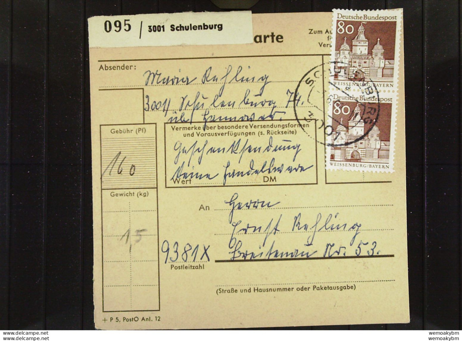 BRD: Paket-Karten-Stamm Aus 3001 Schulenburg Mit 80 Pfg Ellinger Tor Im Senkr. Paar Vom 3.6.1969 Knr: 461 (2) - Used Stamps