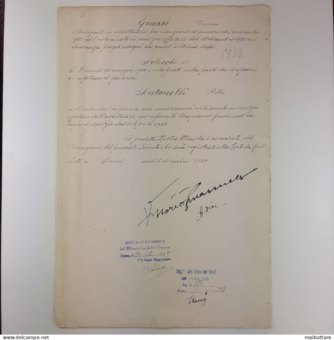 Decreto Firmato Da Vittorio Emanuele III Re D’Italia E Dal Generale Armando Diaz - Decrees & Laws