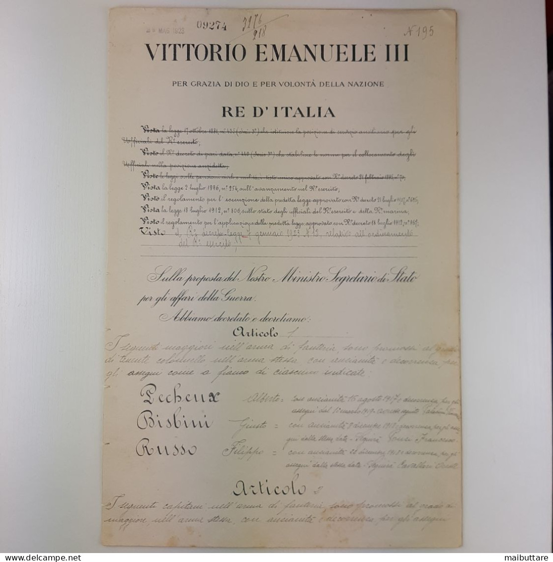 Decreto Firmato Da Vittorio Emanuele III Re D’Italia E Dal Generale Armando Diaz - Décrets & Lois