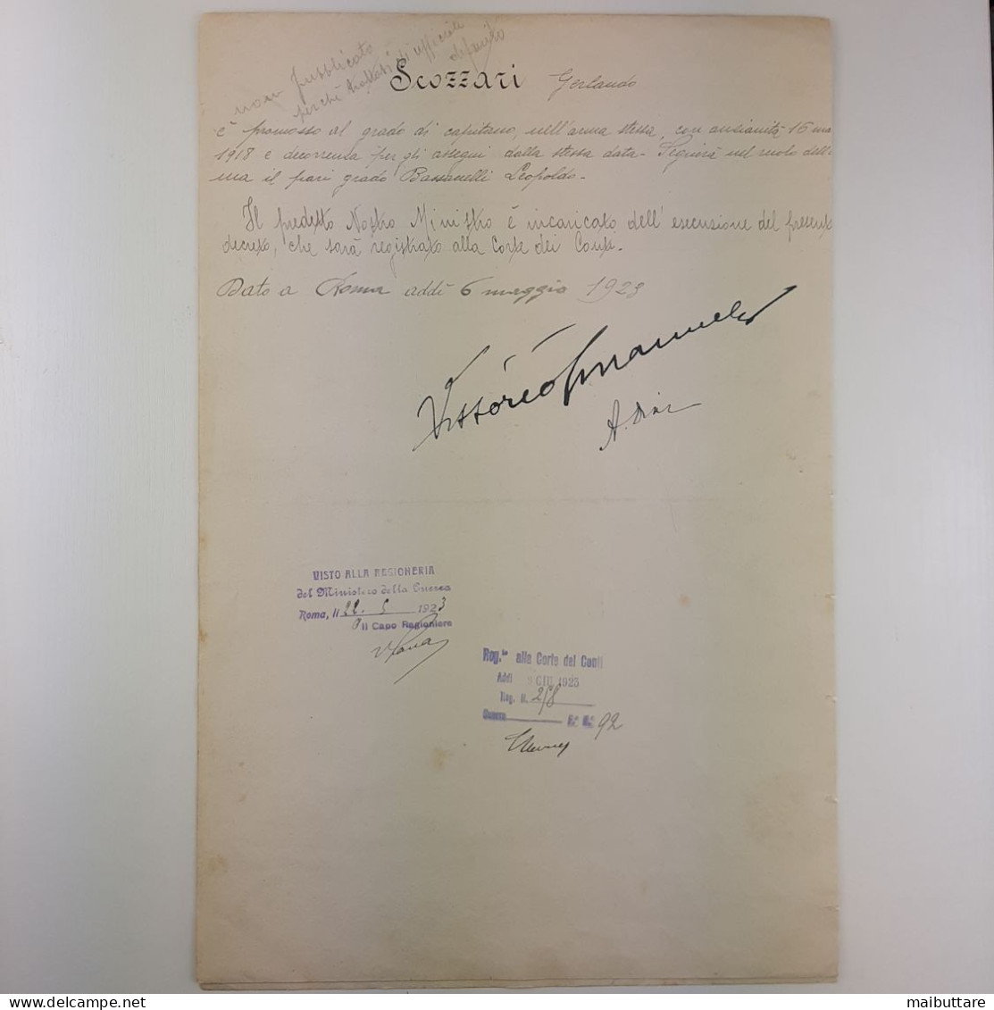 Decreto Firmato Da Vittorio Emanuele III Re D’Italia E Dal Generale Armando Diaz - Décrets & Lois