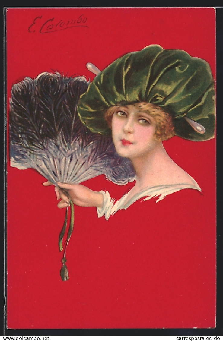 Künstler-AK E. Colombo: Dame Mit Grünem Hut Und Fächer  - Colombo, E.