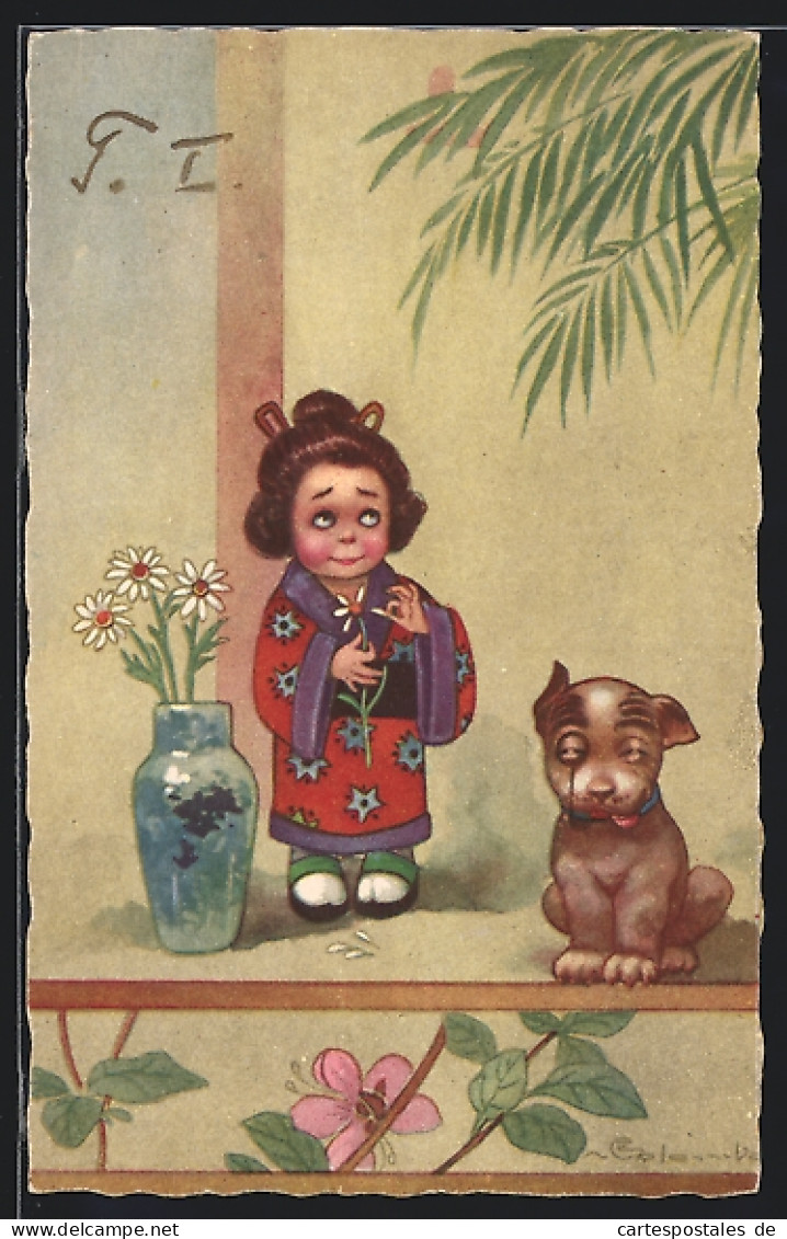 Künstler-AK E. Colombo: Kleine Geisha Und Hund  - Colombo, E.