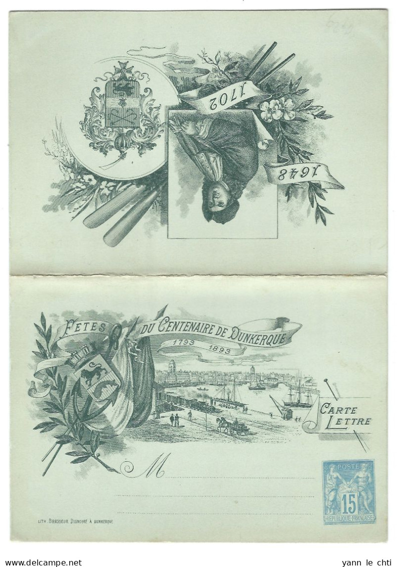 France Entier Postal Carte Lettre  15 C En Bas  Sage  Fêtes Du Centenaire De Dunkerque 1893  Neuve  Bleu Rare - Kartenbriefe