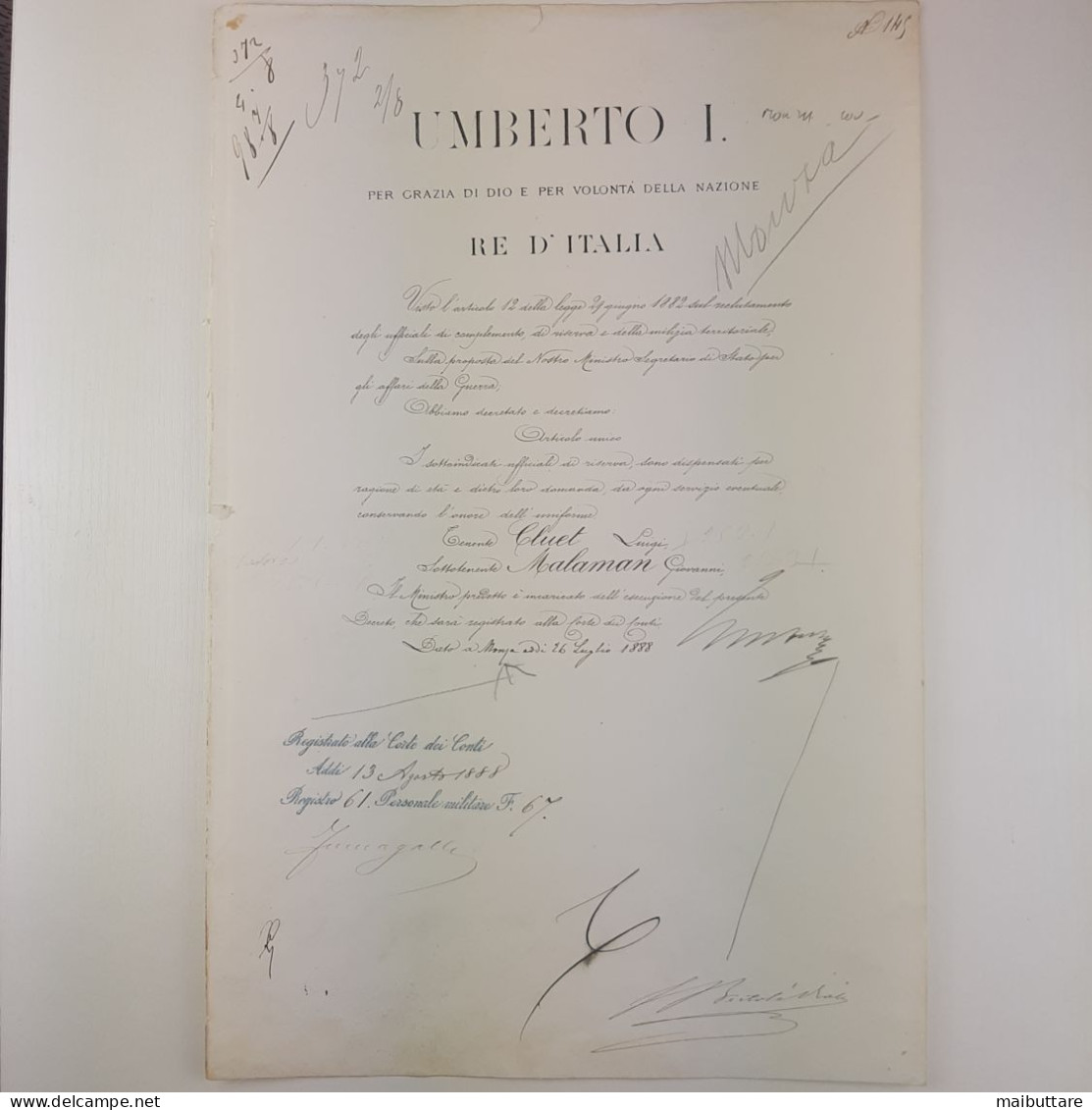Decreto Firmato Dal Re Umberto I, Controfirmato Dal Ministro Della Guerra Ettore Bertole' Viale - Décrets & Lois