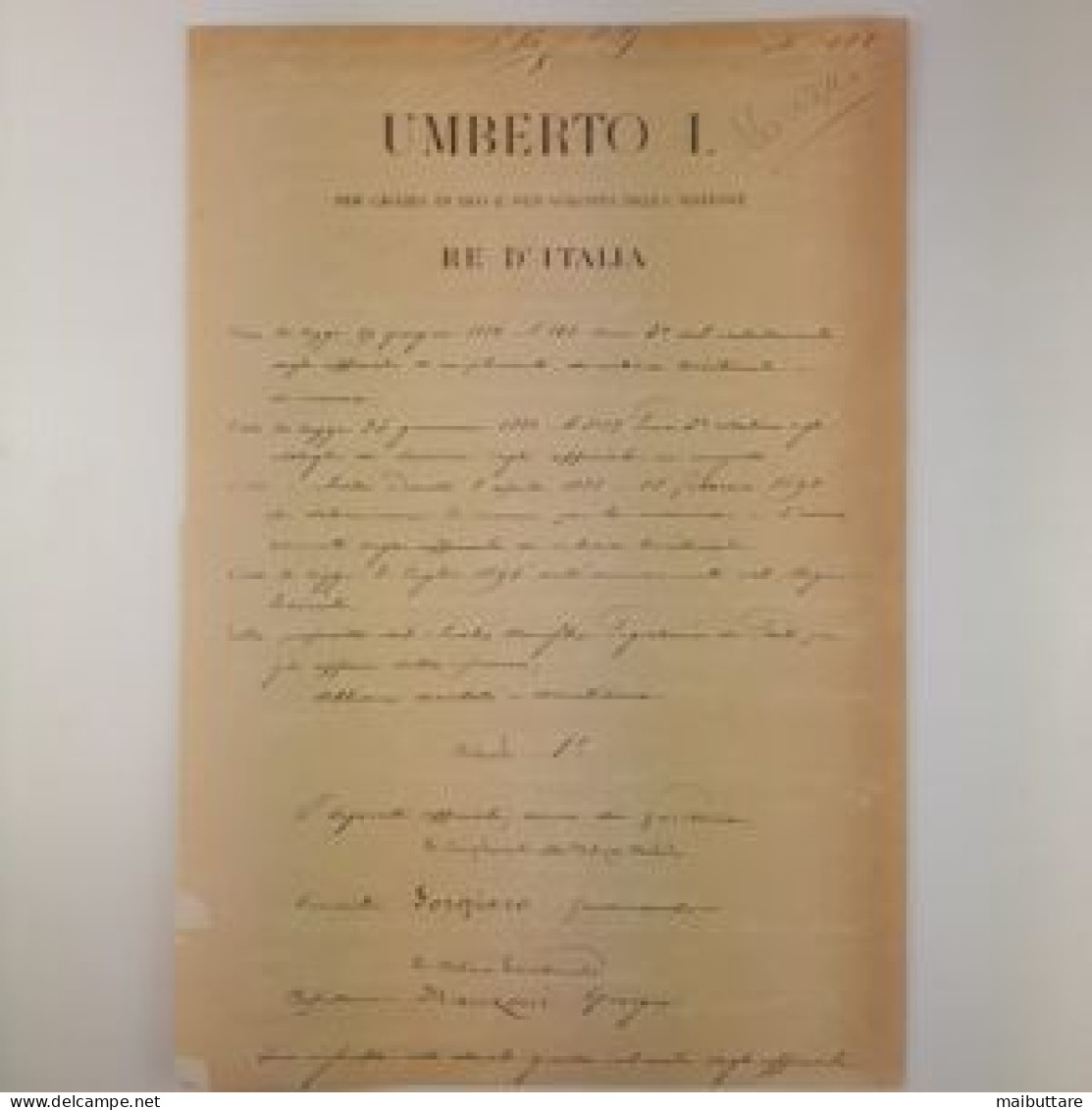 Decreto Firmato Dal Re Umberto I - Re D'Italia Per Grazia Di Dio E Per Volontà Della Nazione Si Decreta ... - Décrets & Lois