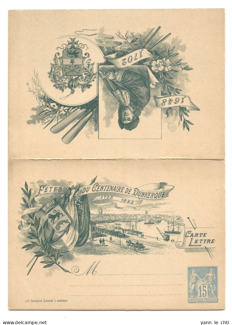 France Entier Postal Carte Lettre  15 C En Bas    Sage Fêtes Du Centenaire De Dunkerque 1893  Neuve - Kaartbrieven