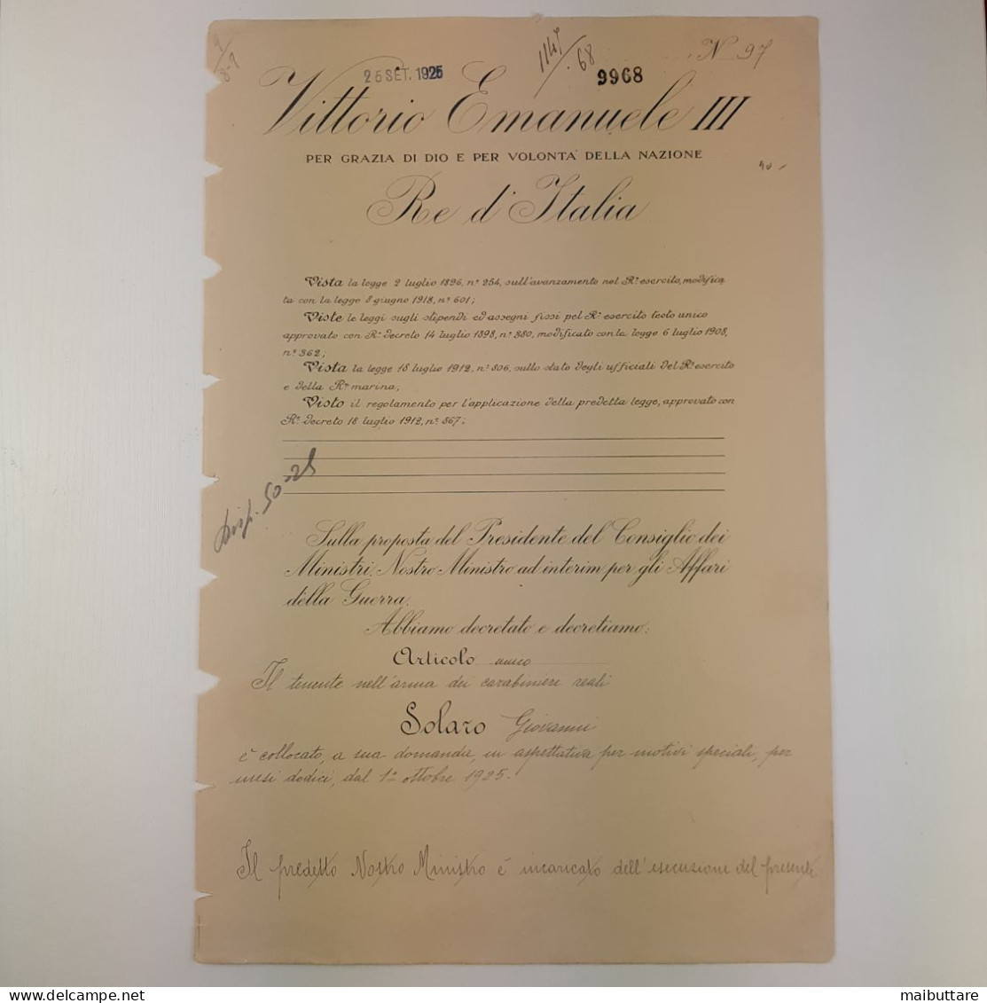 Decreto Firmato Da Vittorio Emanuele III Re D’Italia Per Grazia Di Dio E Per Volontà Della Nazione - Décrets & Lois