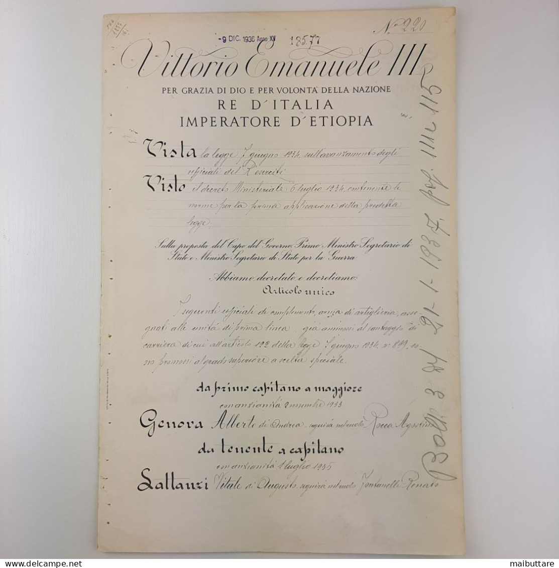 Decreto Firmato Da Vittorio Emanuele III Re D’Italia E Controfirmato Da Benito Mussolini - Décrets & Lois