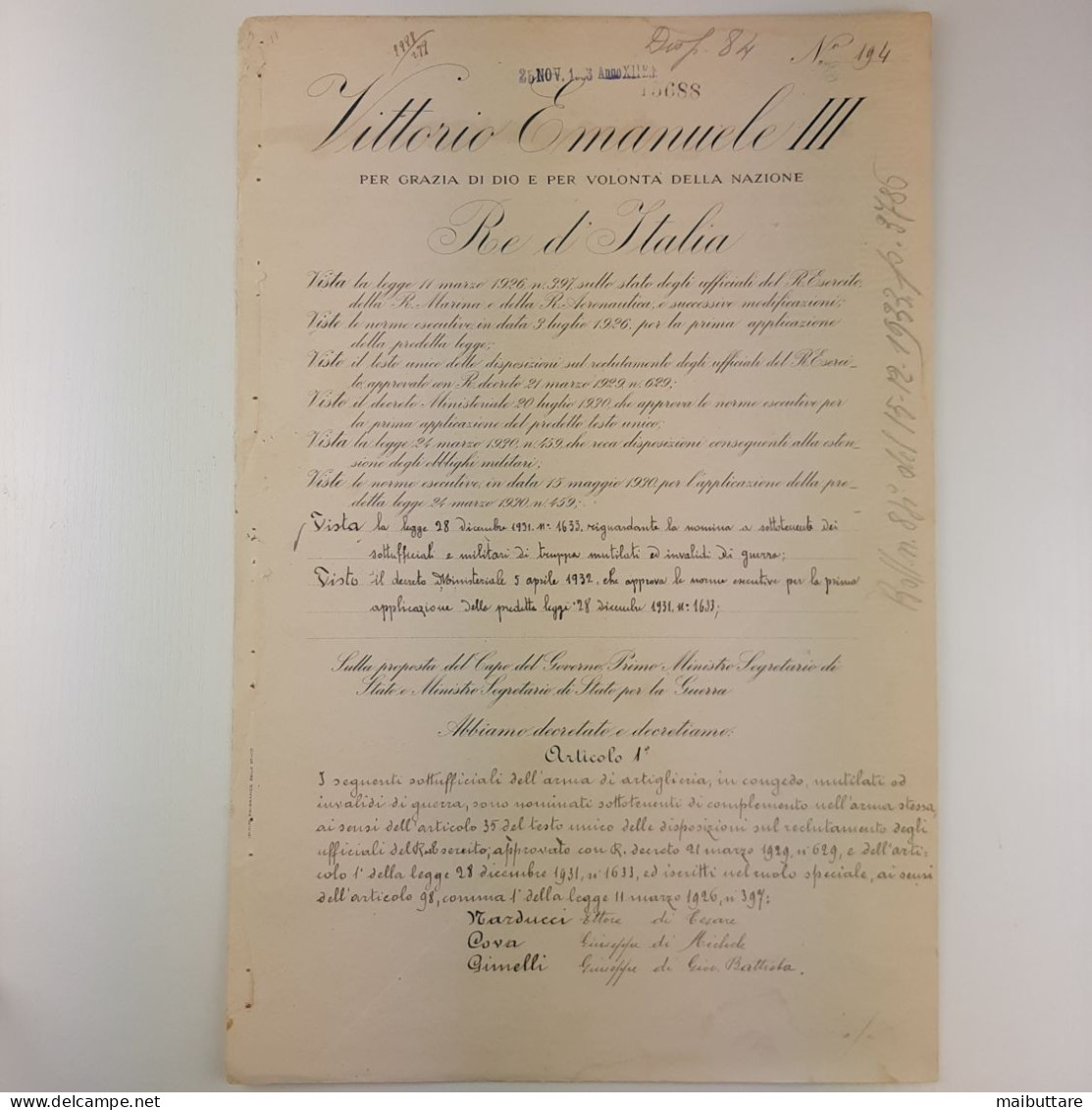 Decreto Firmato Da Vittorio Emanuele III Re D’Italia E Controfirmato Da Mussolini - Decrees & Laws