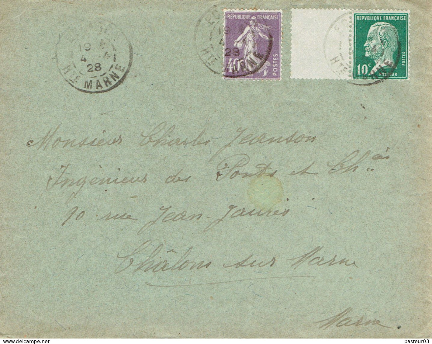 Tarifs Postaux France Du 09-08-1926 (13) Pasteur N° 170 10 C. + Semeuse 40 C.violet LSI 04-04-1928 - 1922-26 Pasteur