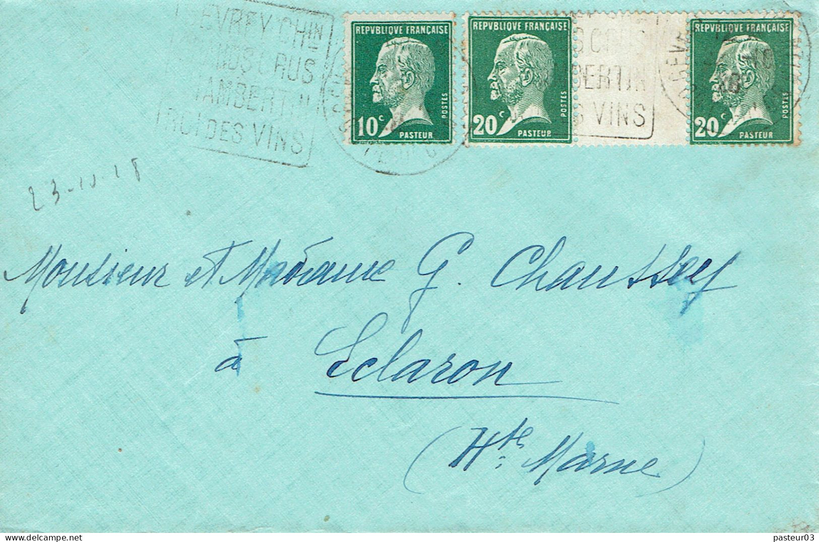 Tarifs Postaux France Du 09-08-1926 (14) Pasteur N° 170 10 C. + Pasteur N° 172 20 C. X 2 Daguin Gevrey Chambertin  LSI 2 - 1922-26 Pasteur