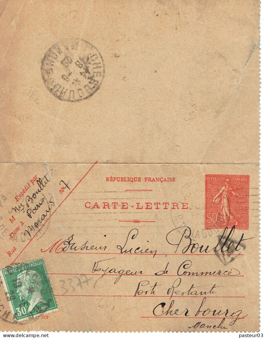 Tarifs Postaux France Du 09-08-1926 (15) Pasteur N° 174 30 C. Comme Taxe Poste Restante  Sur CL Semeuse Lignée 50 C. LSI - 1922-26 Pasteur