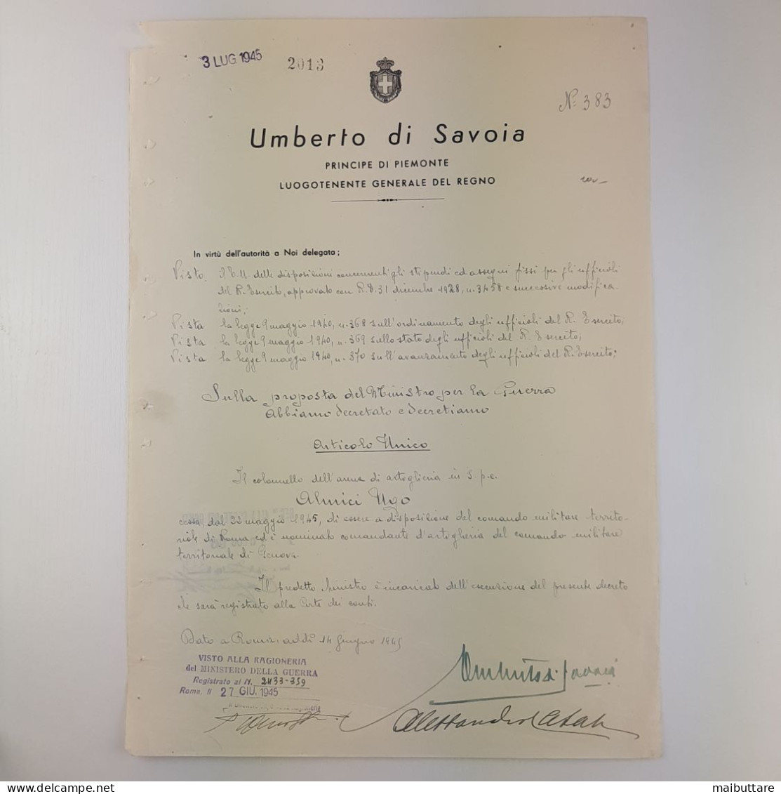 Decreto Di Umberto Di Savoia Principe Di Piemonte Autografato Dal Ministro Della Guerra Alessandro Casati - Decrees & Laws
