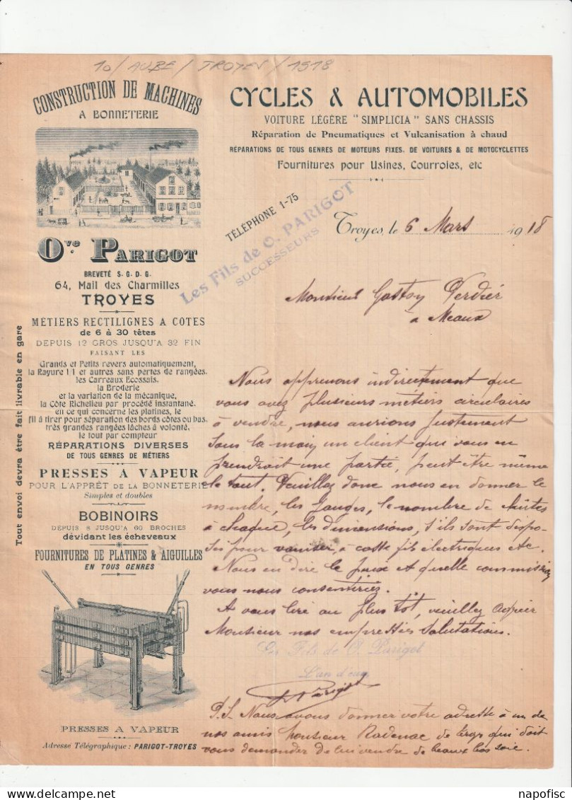 10-O.Parigot Fils.. Cycles & Automobiles..Troyes...(Aube)....1918 - Transporte