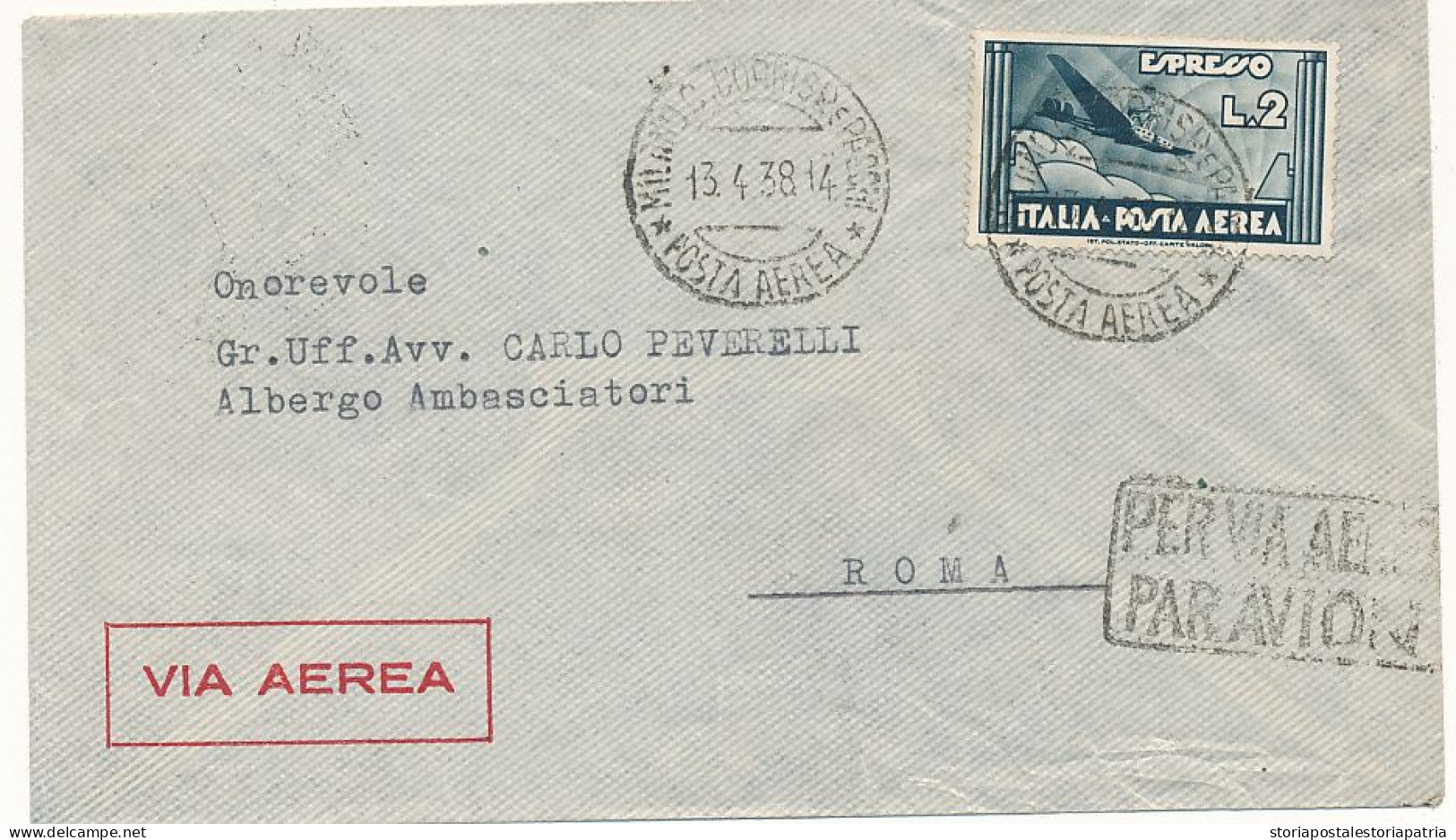 1938 AEREOGRAMMA MILANO ROMA CON POSTA AEREO ESPRESSO 2 LIRE ISOLATO - Posta Aerea