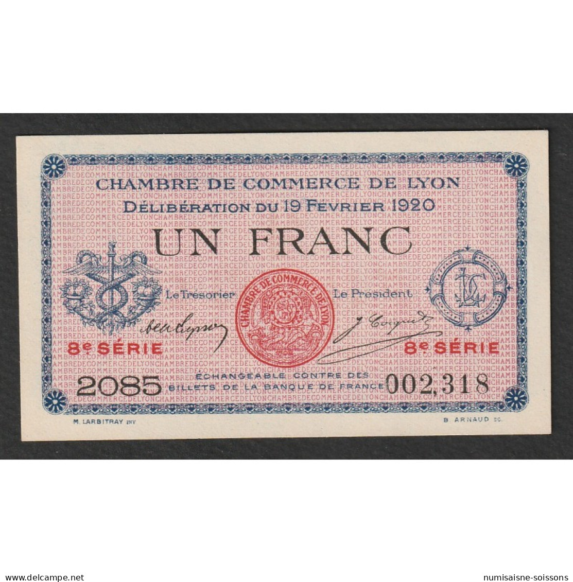 69 - LYON - CHAMBRE DE COMMERCE - 1 FRANC - 19/02/1920 AU 31/12/1923 - Bons & Nécessité