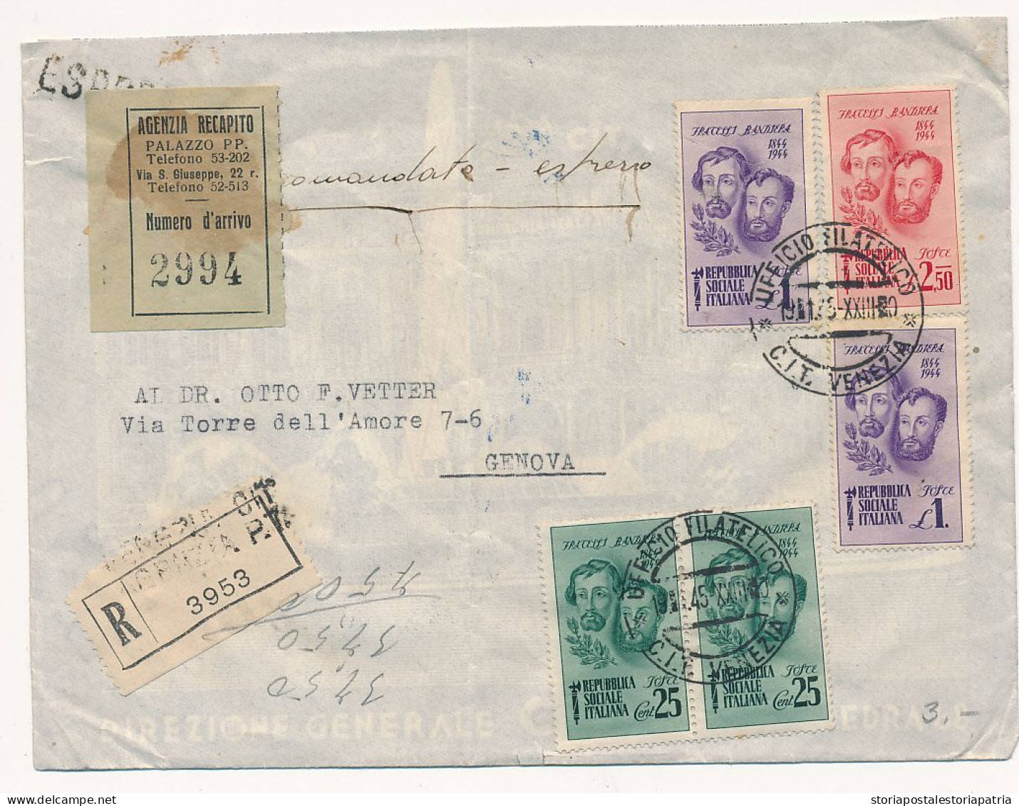 1945 19-1-1945 RSI VENEZIA RACCOMANDATA ESPRESSO FLLI BANDIERA 2,50 + 2X1 LIRA + COPPIA 0,25 - Marcophilie