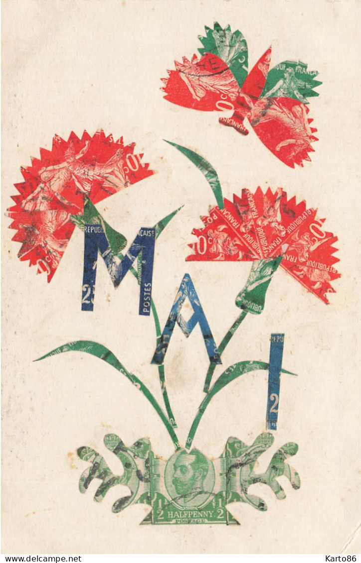 Stamps * CPA à Système De Collage De Timbres ! * 1er Mai Fleurs Flowers - Timbres (représentations)