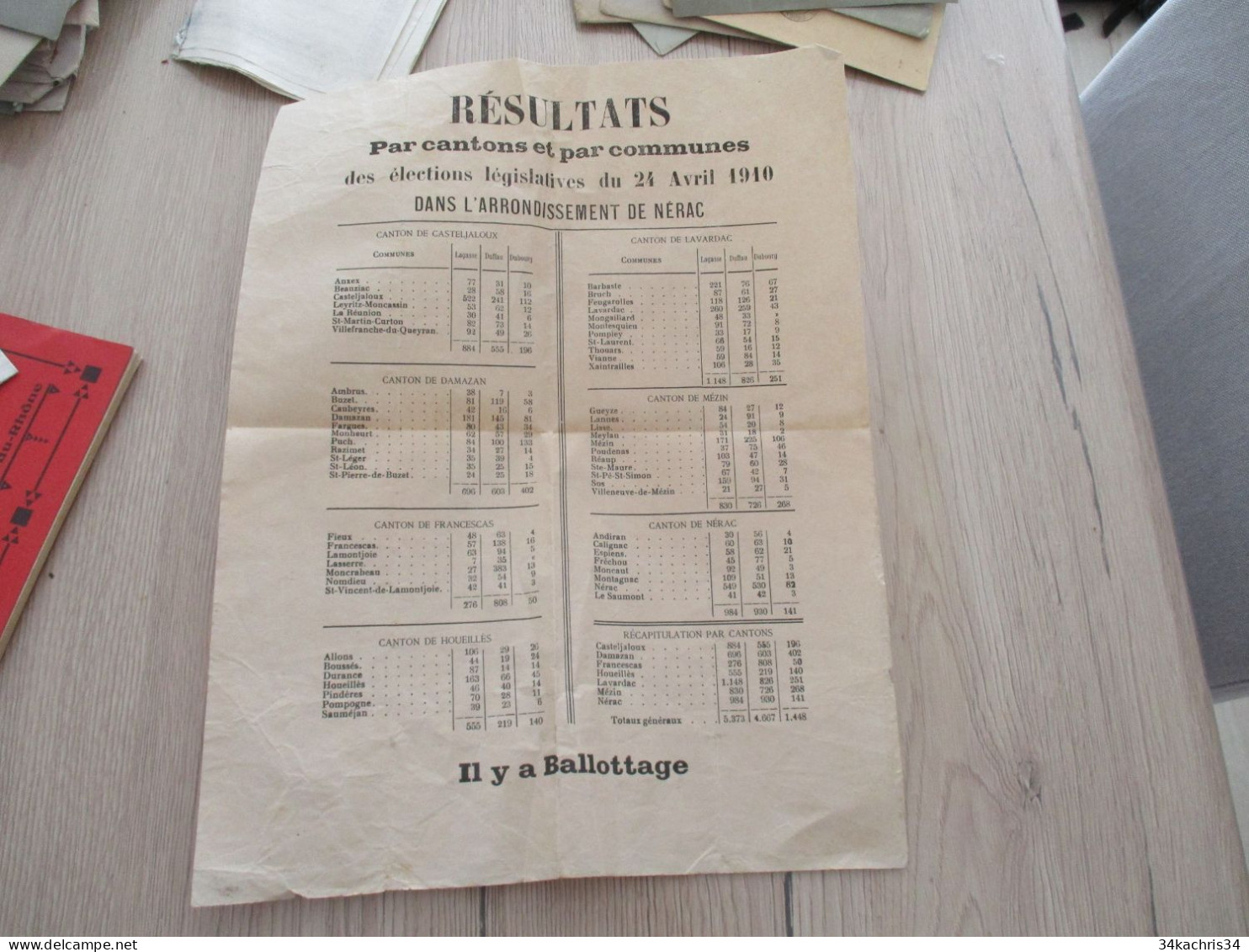 F5 Affichette A3  Environs Résultats Par Cantons Et Communes Nérac 1910 - Manifesti