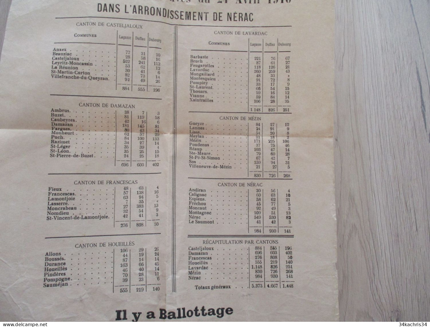 F5 Affichette A3  Environs Résultats Par Cantons Et Communes Nérac 1910 - Manifesti