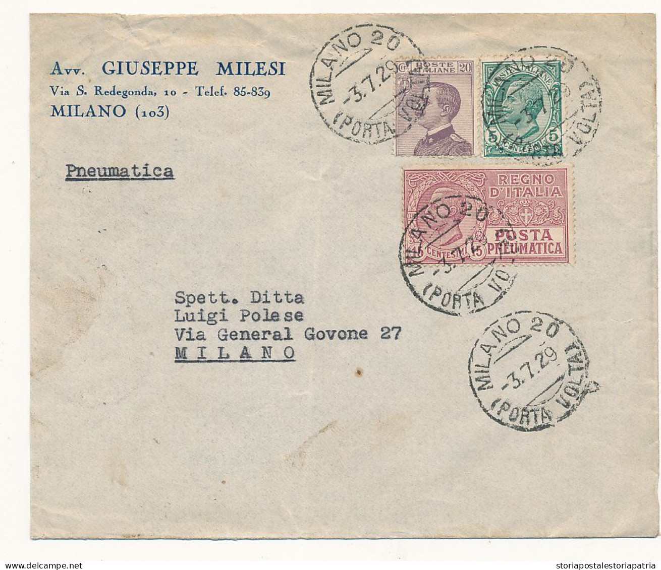 1929 POSTA PNEUMATICA 0,15 CENT MILANO X CITA' - Correo Neumático