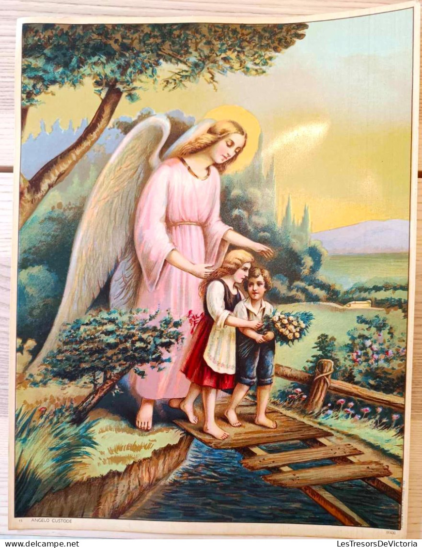 Affiche Religieuse - Dim 33/43cm - Angelo Custodo - Ange Avec Deux Enfants - Manifesti