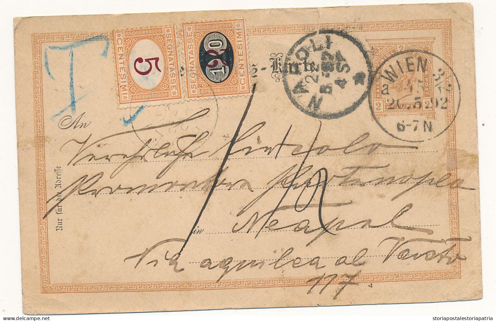 1892 CARTOLINA POSTALE DA AUSTRIA A NAPOLI TASSATA IN ARRIVO MISTA 0,05 + MASCHERINA 0,10/0,02 - Impuestos