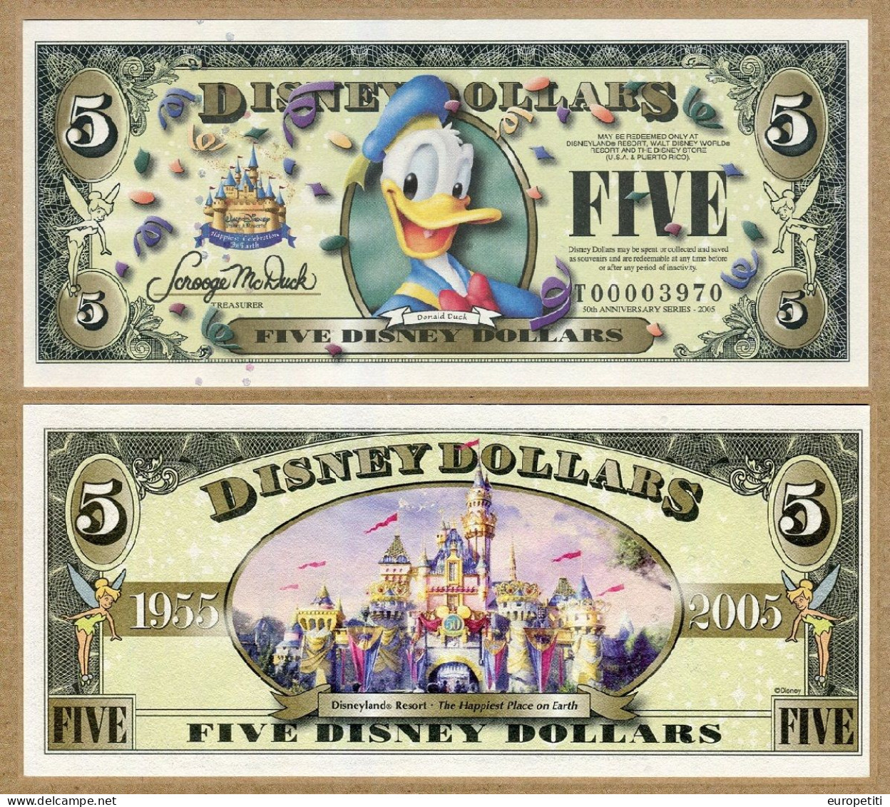 1 Disney Dollars USA.     "Donald".     5$     (NEUVE - UNUSED). - Ohne Zuordnung