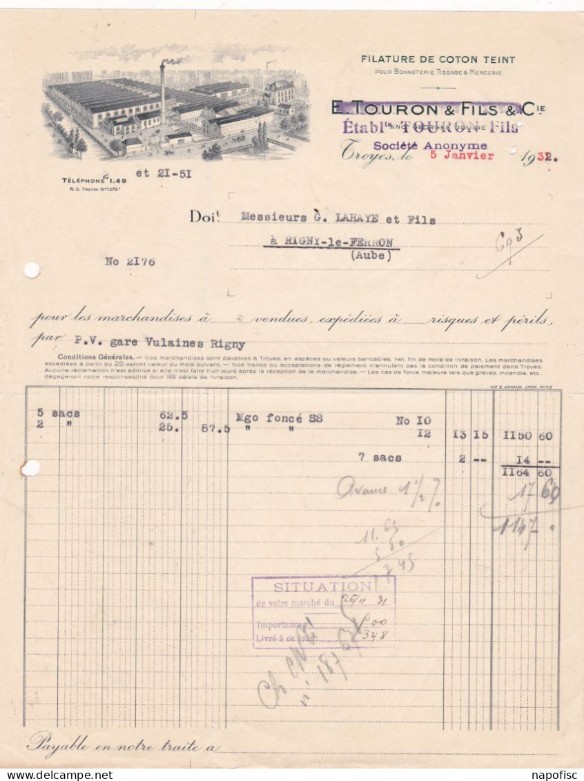 10-Ets Touron Fils...Filature De Coton Teint...Troyes...(Aube)....1932 - Textile & Vestimentaire