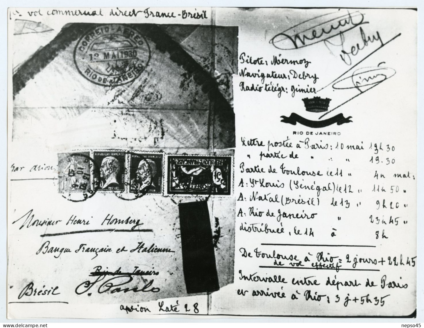 Avion.courrier Signé Mermoz Voyagé Liaison Postale Paris France Et Rio  Amérique Du Sud.Laté 28.détails Du Voyage. - Aviación