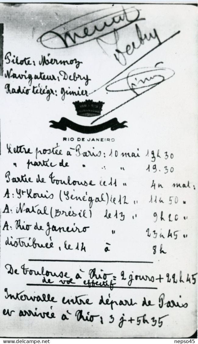 Avion.courrier Signé Mermoz Voyagé Liaison Postale Paris France Et Rio  Amérique Du Sud.Laté 28.détails Du Voyage. - Aviación