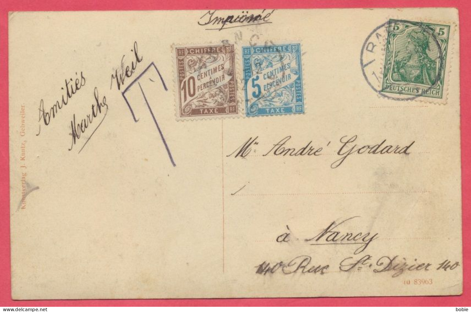 Barr - Bas-Rhin : Kartoffelmarkt ( Annexion Allemagne) Correspondance De Barr à Nancy : 2 Timbres Taxe Changement Pays. - Barr