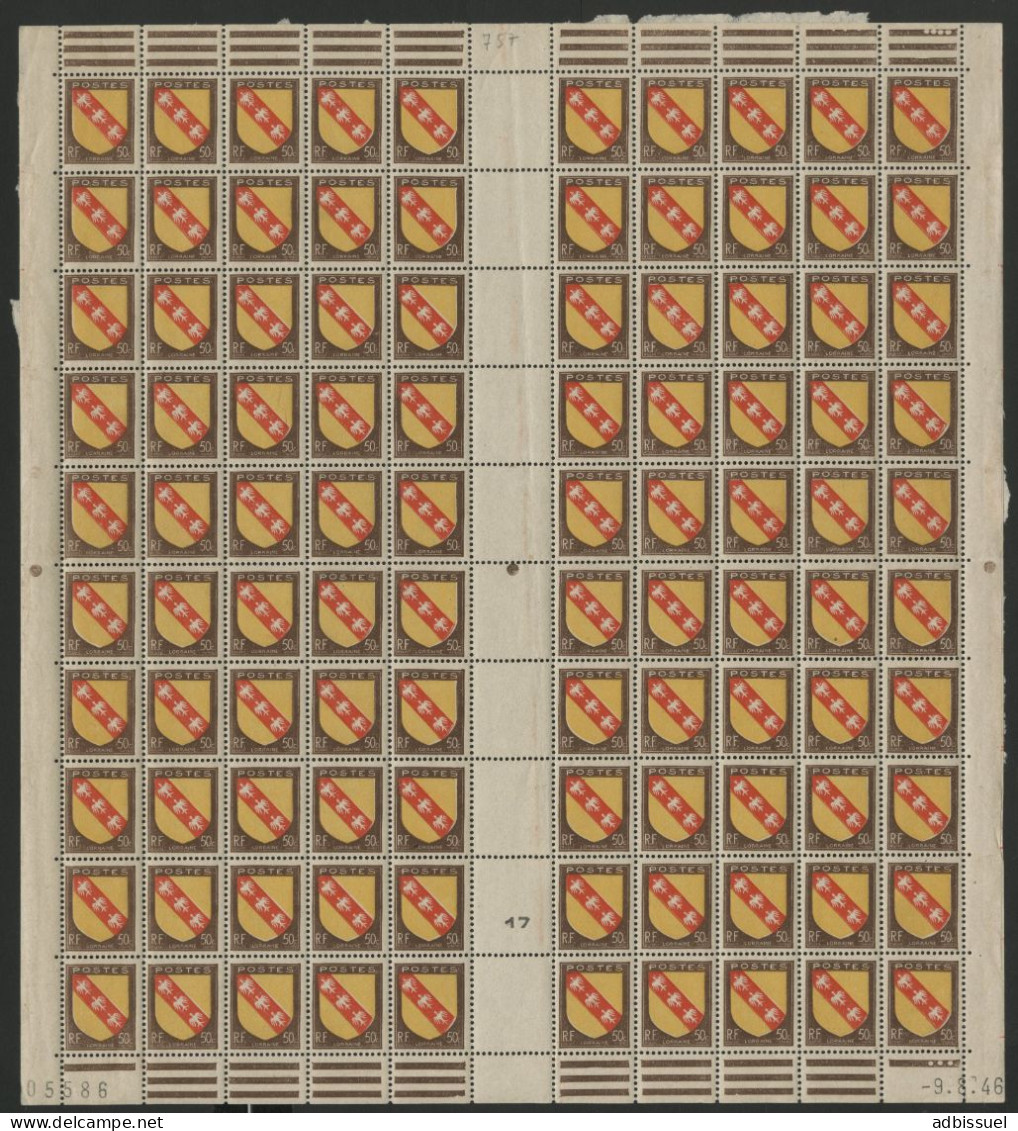 N° 757 50 Ct Armoiries LORRAINE Feuille Complète De 100 Ex Neufs ** (MNH) + Coin Daté 9/8/46 Voir Suite - Full Sheets