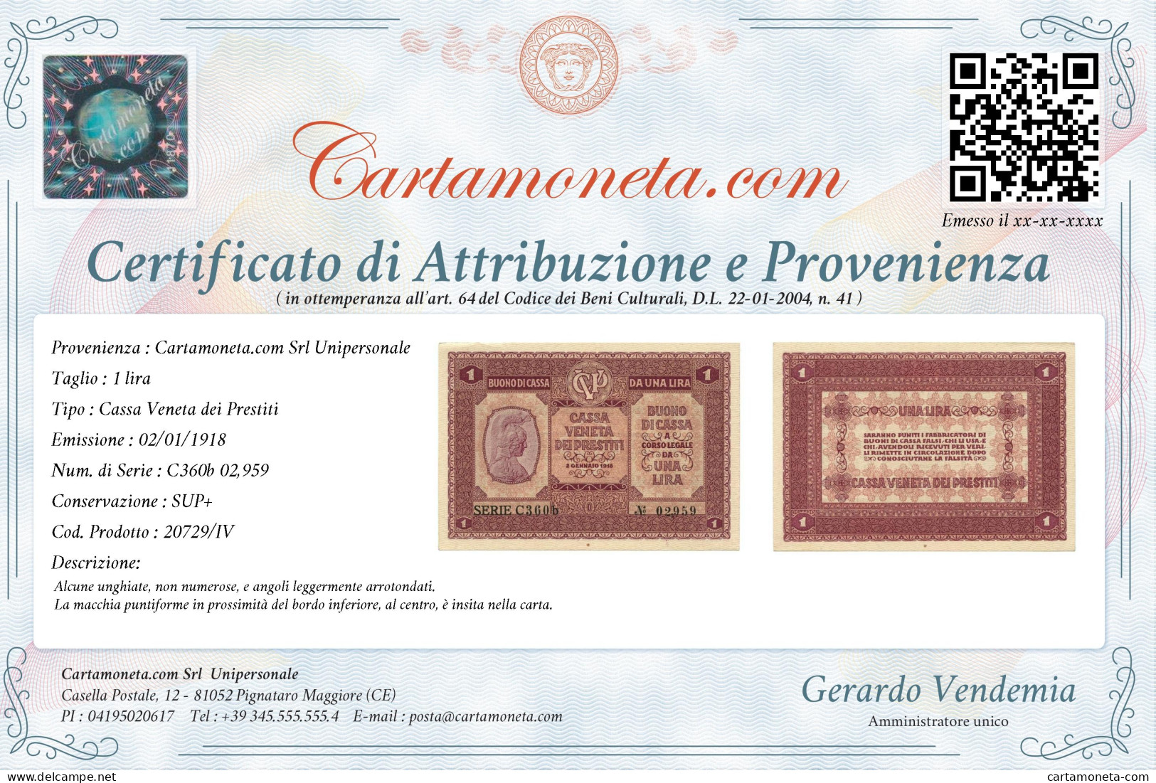 1 LIRA CASSA VENETA DEI PRESTITI OCCUPAZIONE AUSTRIACA 02/01/1918 SUP+ - Besetzung Venezia