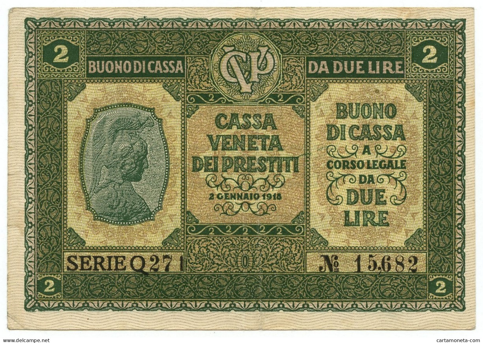 2 LIRE CASSA VENETA DEI PRESTITI OCCUPAZIONE AUSTRIACA 02/01/1918 BB+ - Occupazione Austriaca Di Venezia