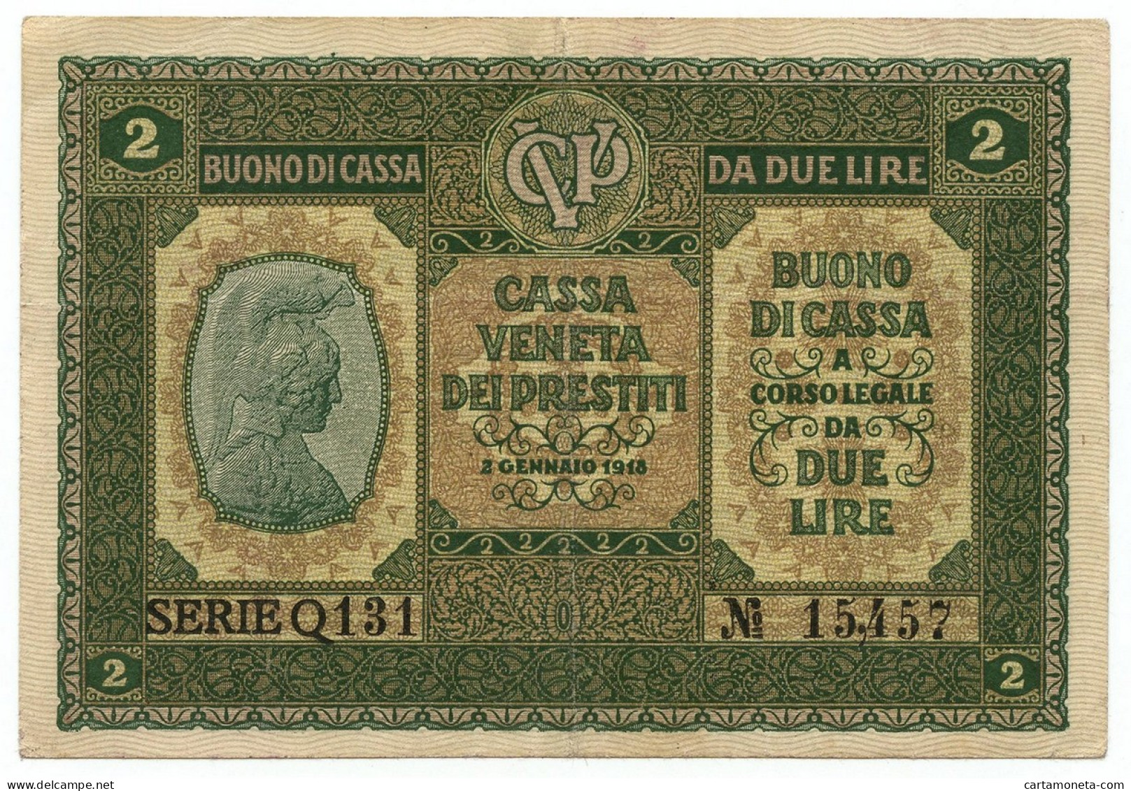 2 LIRE CASSA VENETA DEI PRESTITI OCCUPAZIONE AUSTRIACA 02/01/1918 BB+ - Occupazione Austriaca Di Venezia