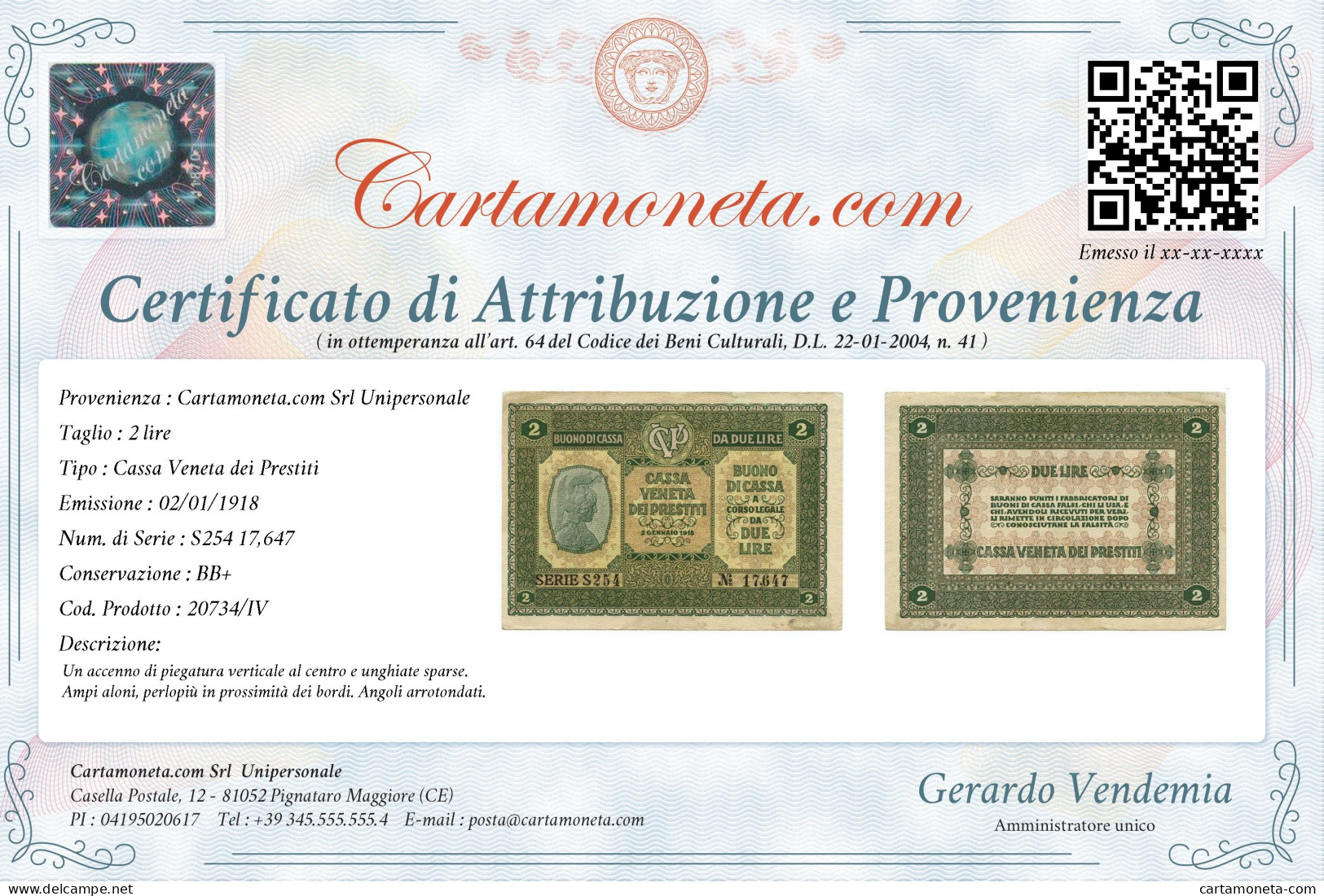 2 LIRE CASSA VENETA DEI PRESTITI OCCUPAZIONE AUSTRIACA 02/01/1918 BB+ - Occupazione Austriaca Di Venezia