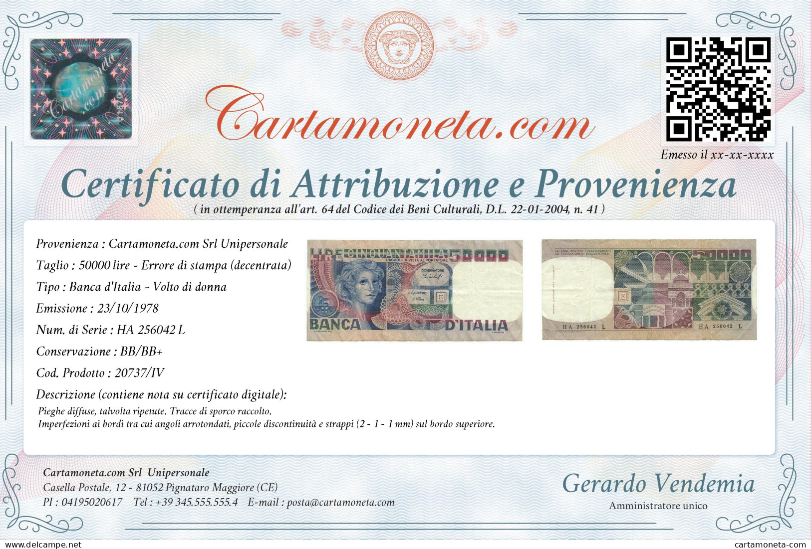 50000 LIRE ERRORE DI STAMPA DECENTRATA VOLTO DI DONNA 23/10/1978 BB/BB+ - Other & Unclassified